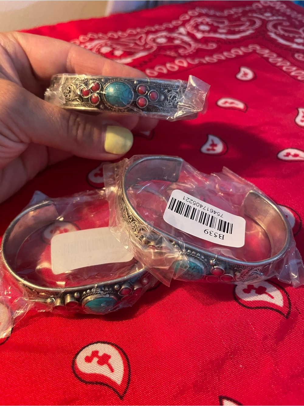 THREE Silver Cuff Bracelet with Turquoise & Coral